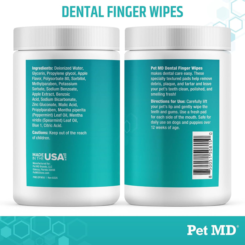 Dental Finger Wipes for Dogs - Effective Plaque and Tartar Remover for Enhanced Oral Care - Pet Teeth Cleaning Wipes for Healthy Gums and Fresh Breath - Fresh Apple & Mint, 50 Count